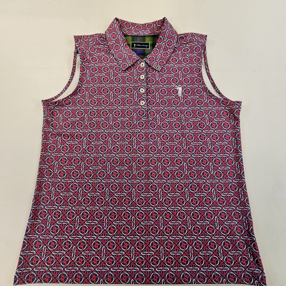 WILLIAM MURRAY Sleeveless Polo Golf Top Red Blue Print Size Large Aop - Picture 1 of 8